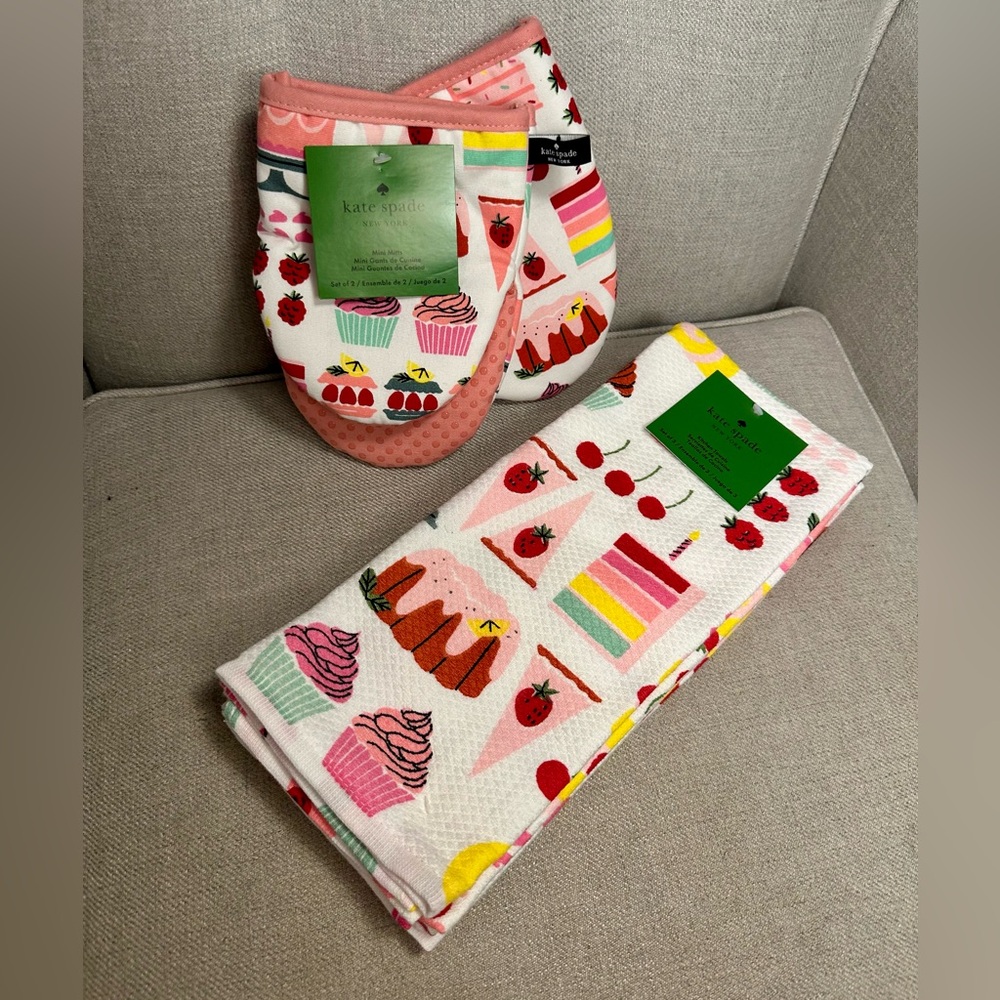 Kate Spade Pink and Red Kitchen Linens with Playful Dessert Designs